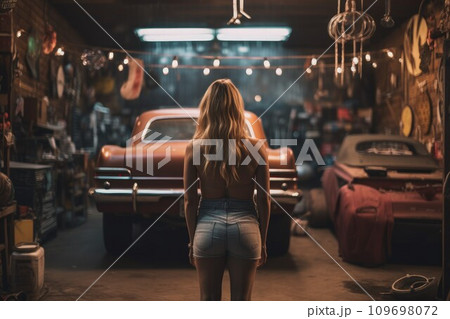 Car mechanic woman garage. Motor inspection. Generate Ai Car mechanic woman garage. Motor inspection. Generate Ai 109698072