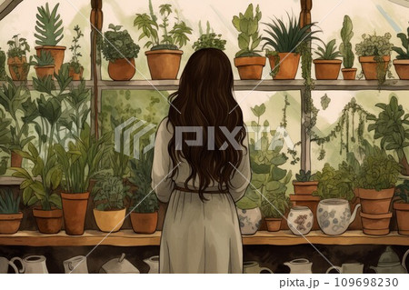 Botanist scientist woman pots. Garden agriculture. Generate Ai 109698230