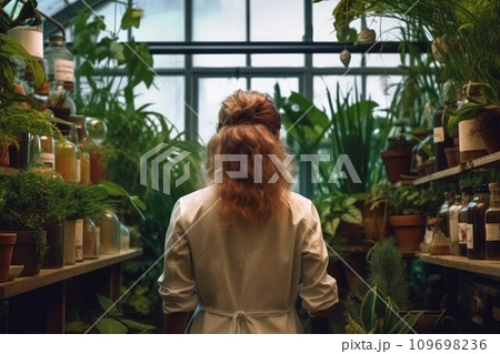 Botanist woman pots. Garden home. Generate Ai 109698236