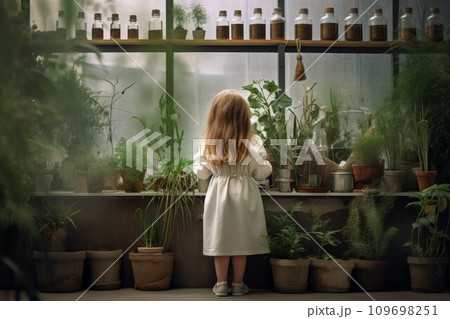 Botanist florist child pots. Home garden. Generate Ai Botanist florist child pots. Home garden. Generate Ai 109698251