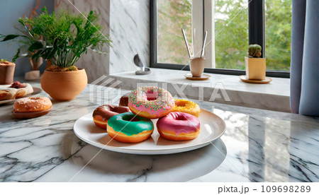 お皿に乗ったカラフルドーナツ 109698289