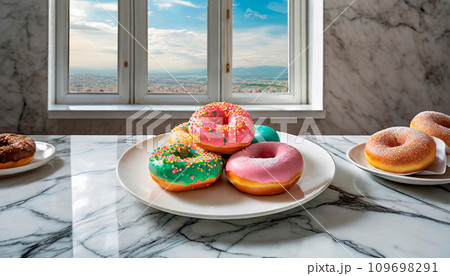 お皿に乗ったカラフルドーナツ 109698291