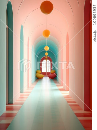 Colorful Arched Hallway in Pastel Tones. Generative AI 109698957