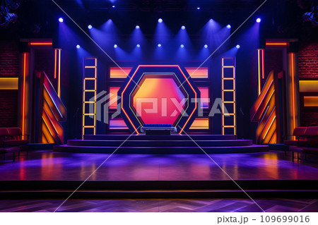 Theater stage light background with spotlight illuminated the stage for opera performance. Stage lighting. Empty stage with bright colors backdrop decoration. Entertainment show. Generative AI. 109699016
