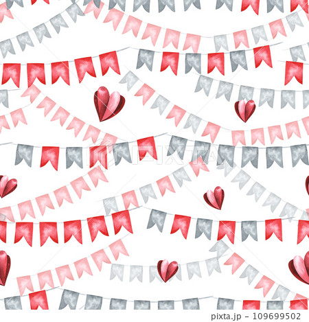 Watercolor illustration collection of red and grey flag buntings seamless pattern. Hand painted sketchy drawing on white background, cut out clip art hearts for valentines day design. 109699502