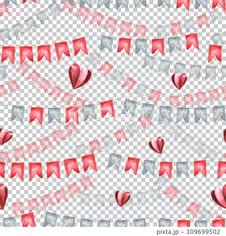 Watercolor illustration collection of red and grey flag buntings seamless pattern. Hand painted sketchy drawing on white background, cut out clip art hearts for valentines day design. 109699502