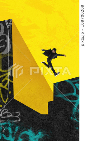 Young guy in sportive cloths training, doing parkour stunts outdoors, on city streets. Contemporary art collage. Sport. Urban style Young guy in sportive cloths training, doing parkour stunts outdoors, on city streets. Contemporary art collage. Sport. Urban style 109700209