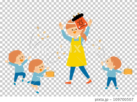 Setsubun illustration material of kindergarten children and teacher throwing beans 109700507