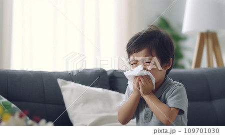 ティッシュで鼻をかむ男の子　Asian boy blowing his nose AI生成画像 109701030