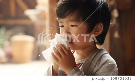 ティッシュで鼻をかむ男の子　Asian boy blowing his nose AI生成画像 109701035