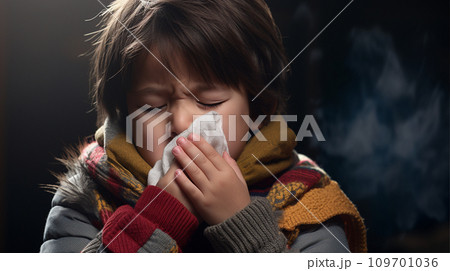 ティッシュで鼻をかむ男の子　Asian boy blowing his nose AI生成画像 109701036
