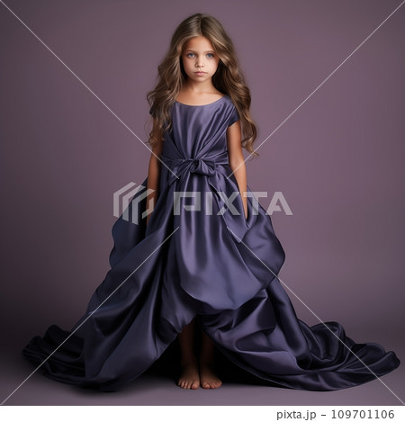 AI-generated content. Beautiful little girl fashion model in silk dress on studio background, pretty kid posing 109701106