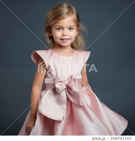 AI-generated content. Beautiful little girl fashion model in silk dress on studio background, pretty kid posing 109701107