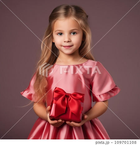 AI-generated content. Beautiful little girl fashion model in silk dress holding wrapped gift box in her hands on studio background, pretty kid posing 109701108