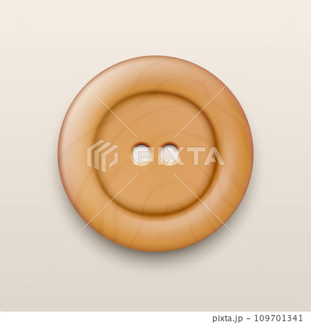 Vector 3d Realistic Wooden Button for Clothes Icon with Shadow Closeup Isolated. Fashion, Art, Needlework, Sewing, Scrapbooking Decor. Round Clothes Button Design Template, Top View 109701341