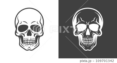 Vector Black and White Skull Icon Set Closeup Isolated. Skulls Collection with Outline, Cut Out Style in Front View. Hand Drawn Skull Head Design Template 109701342