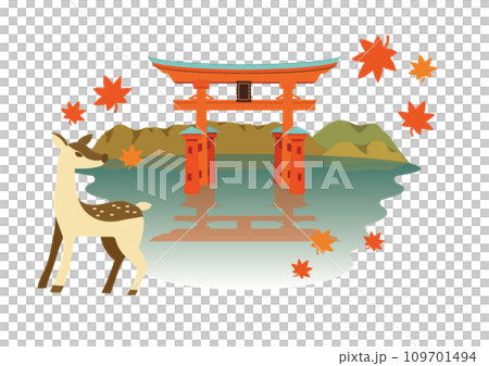 厳島神社 鹿と紅葉のイラスト 厳島神社 鹿と紅葉のイラスト 109701494