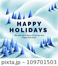 Happy Holidays greeting card with lettering and snowy mountain hillside forest, vector illustration 109701503