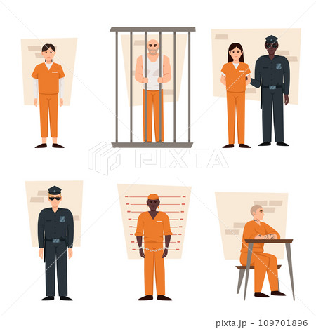Various scenes from a prison on a white background. Vector illustration in a flat style. Prisoner men and women wearing orange prison uniforms Various scenes from a prison on a white background. Vector illustration in a flat style. Prisoner men and women wearing orange prison uniforms 109701896
