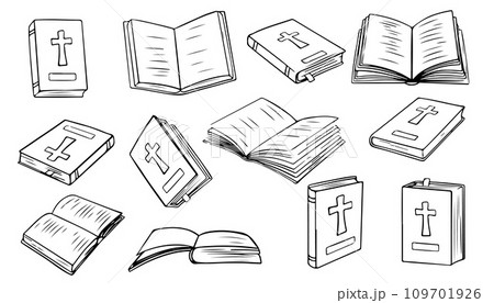 Christian Holy Bible Book. Vector illustrations depict a set of Holy Bible books that open, close, showing cover. Religious Text Containing Stories And Prophecies. 109701926
