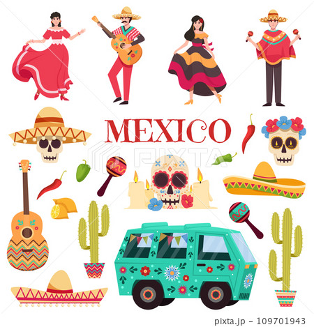 Set of mexico elements, skeleton characters, animals in flat hand drawn style. Mexican symbols, icons and illustrations. 109701943