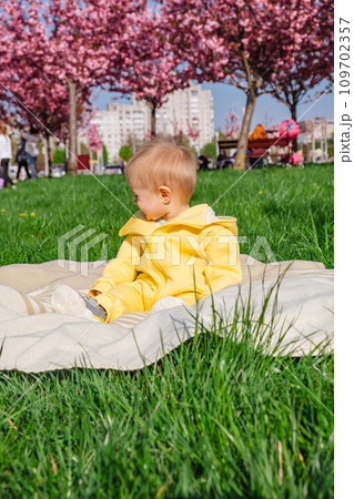 Curious baby exploring the world around him on a sunny day 109702357