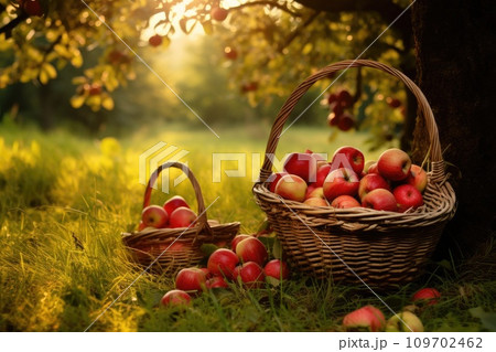 Baskets full of apples under a tree in an apple...のイラスト素材 [109702462 ...
