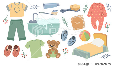 Children's routine. Baby clothes, toys, hygiene items and a crib for a baby shower. Cute collection in cartoon style, vector Children's routine. Baby clothes, toys, hygiene items and a crib for a baby shower. Cute collection in cartoon style, vector 109702679