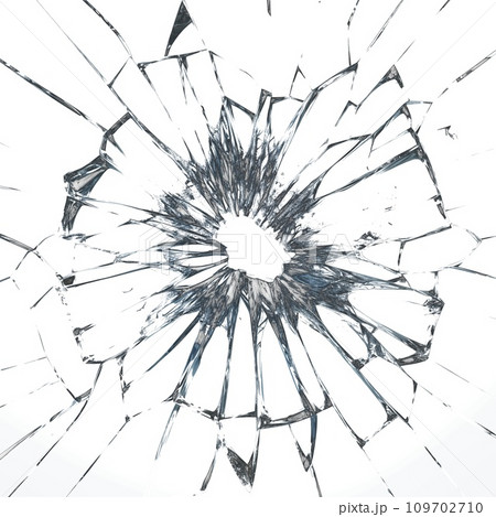 AI-generated content. A hole in glass on a transparent background in PNG format. Close-up of a bullet hole in the glass, cracks spreading out in different directions. Overlay for design or project 109702710