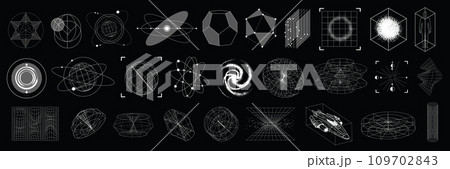 3D cyberpunk grid y2k shape set, vector wireframe warp retro futuristic geometric icon collection. 3D cyberpunk grid y2k shape set, vector wireframe warp retro futuristic geometric icon collection. 109702843