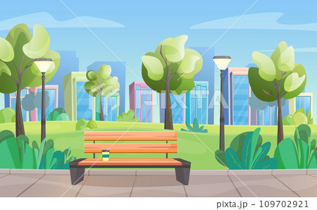 Modern urban park with pathways, benches, lush lawns and a backdrop of cityscape silhouettes on the horizon. A colorful cartoon style vector drawing of a contemporary city park landscape. 109702921