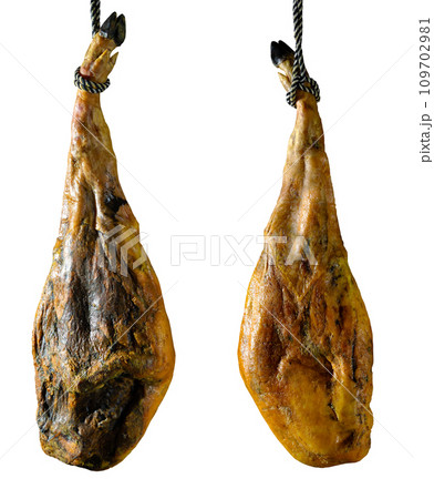 Dry Spanish ham, Jamon Serrano, Bellota, Italian Prosciutto Crudo or Parma ham. 109702981