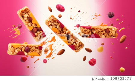 Granola bars nutritious snacking with caramel, almonds, peanuts, cranberries, and raspberries on vibrant pink background, sense of movement, suggesting delicious, healthy snack, energy boost Granola bars nutritious snacking with caramel, almonds, peanuts, cranberries, and raspberries on vibrant pink background, sense of movement, suggesting delicious, healthy snack, energy boost 109703375