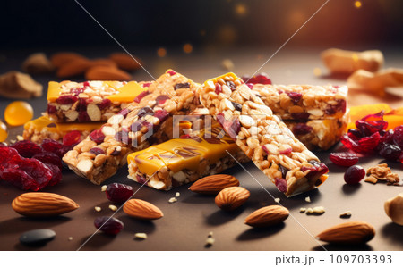 Bars richly laden with nuts, seeds, dried fruits and golden honey karamel, dark backdrop with warm lighting, with almonds, dried cranberries, seeds around. Gourmet snack bars nutrient-rich treats 109703393