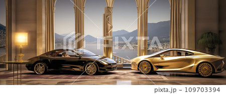 AI-generated content. Luxurious cars within a palatial estate overlooking a serene lake, epitome of opulence. banner 109703394