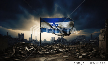 The tattered edges of the Israeli flag fly in dark, stormy sky against backdrop of city's silhouette, representing the nation's struggle, steadfastness, reflecting challenges and resilience of nation The tattered edges of the Israeli flag fly in dark, stormy sky against backdrop of city's silhouette, representing the nation's struggle, steadfastness, reflecting challenges and resilience of nation 109703443
