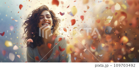 AI-generated content. Happy smiling young woman standing under falling confetti AI-generated content. Happy smiling young woman standing under falling confetti 109703492