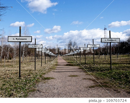A dirt path with signs on either side in a park-like setting. Alley with the names of abandoned villages in the zone of the Chernobyl nuclear disaster. Signposts with names of villages in Cyrillic. A dirt path with signs on either side in a park-like setting. Alley with the names of abandoned villages in the zone of the Chernobyl nuclear disaster. Signposts with names of villages in Cyrillic. 109703724