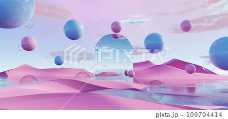3d Render, Abstract Surreal pastel landscape background with arches and podium for showing product, panoramic view, Colorful dune scene with copy space, blue sky and cloudy, Minimalist decor design 109704414