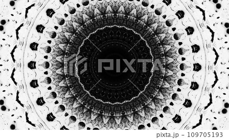 Ink kaleidoscope. Whimsical ornament. Black paint circle symmetrical geometric pattern on white art illustration abstract background. 109705193