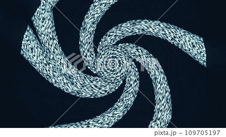 Noise spiral. Glitch grain swirl. Hypnotic whirl. Blue white analog distortion texture vortex on dark black art illustration abstract background. 109705197