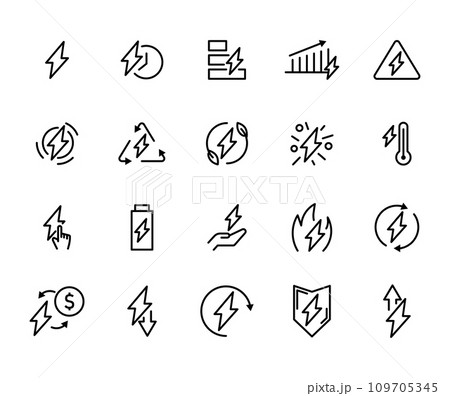 Vector line icon set energy related. Electricity symbol power outline and thin environment collection. Ecology and recycling battery. Technology industry resource and global efficiency 109705345