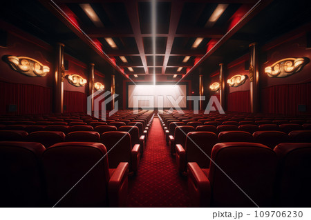 Empty interior cinema hall preparing for new visitors. Movie theatre. Generative AI Empty interior cinema hall preparing for new visitors. Movie theatre. Generative AI 109706230