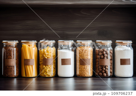 Neatly organized and labeled baking ingredients in storage containers. Organized food pantry in kitchen with spices, grains, flours and rice. Generative AI 109706237