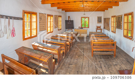 interior of a historic village elementary school classroom at Museum of the Slovak Village, Martin, Slovakia 109706386