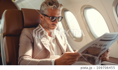 person wearing glasses sits in the plane reading a newspaper 109706455