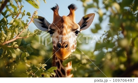 cute giraffe eats leaves from tree on Africa 109706497