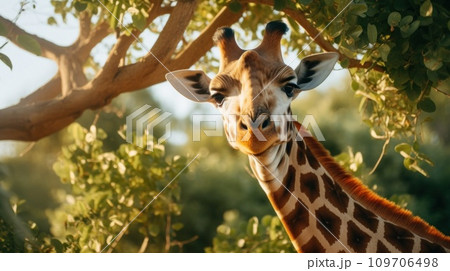 cute giraffe eats leaves from tree on Africa cute giraffe eats leaves from tree on Africa 109706498