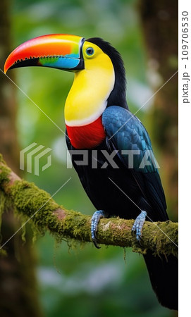 A stunning close-up of a brilliantly colored toucan perched on a tree branch 109706530
