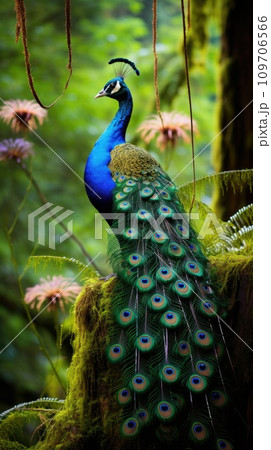 A stunning shot of a peacock displaying itsのイラスト素材